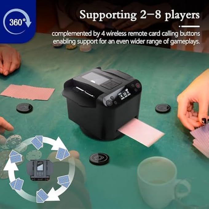 rayihni AUTOMATIC CARD SHUFFLER AND DEALER 2-IN-1,360 ROTATING CARD DEALER MACHINE,RECHARGEABLE QUIET PLAYING CARD SHUFFLER,SUPPORT 12 PLAYERS,WITH 4 WIRELESS DEALER BUTTONS,FOR BOARD GAMES AND POKER GAMES - Image 3